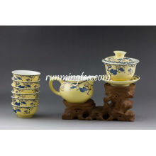 "Sowbread Flower" Yellow Glaze Porcelain Teaware Set, 1 Gaiwan, 1 Pitcher and 6 Cups